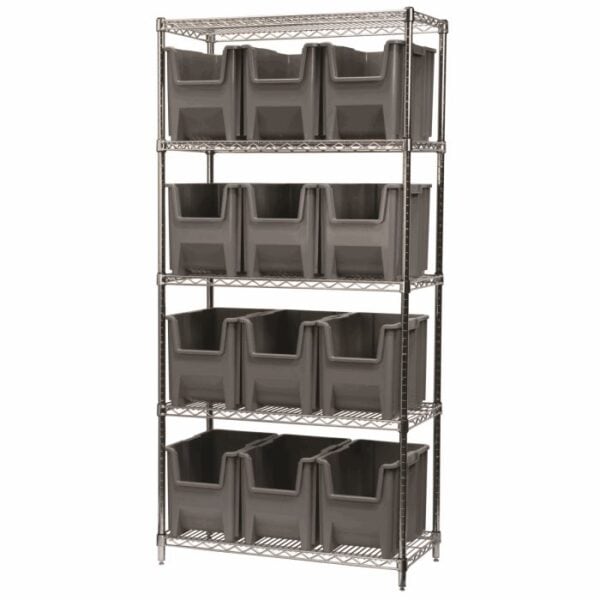 Wire Shelving, 5 Shelves w/ 12 Stak-N-Store Bins - AWS183613014