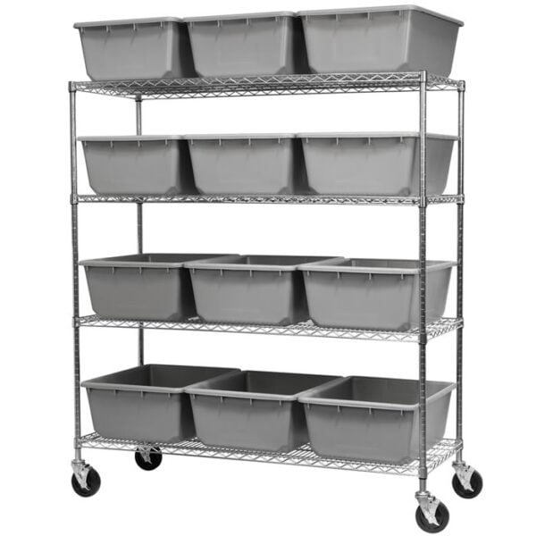 Mobile Wire Shelving, 4 Shelves w/ 12 Akro-Tubs - AWS2460M34240